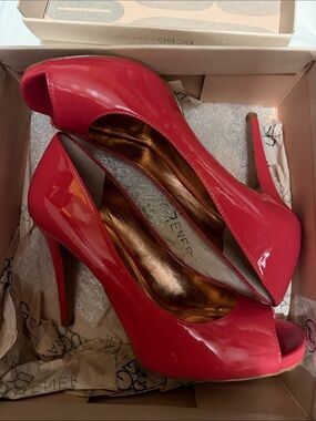 Bright Pink Women's Patent Peep-Toe Pumps